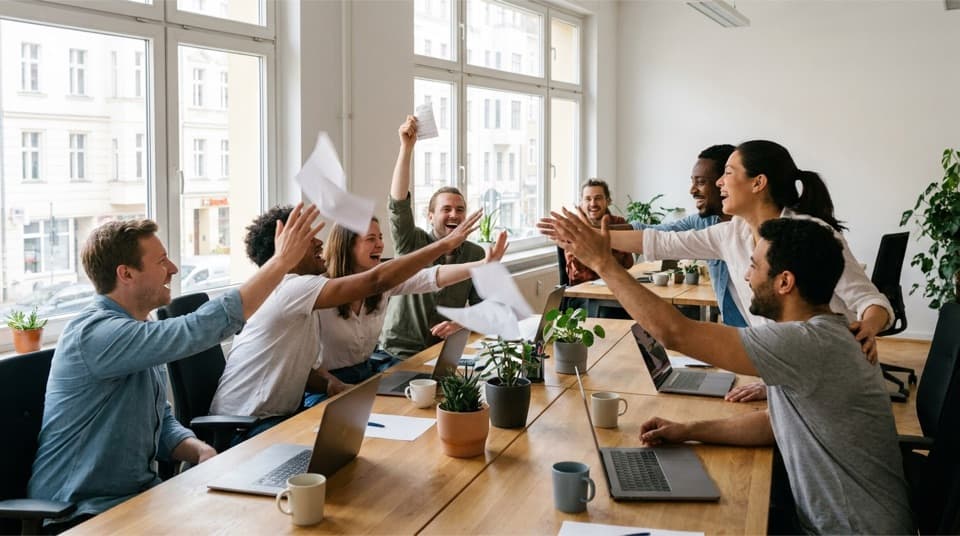 Ein Büro-Team jubelt zwischen fliegenden Tippzetteln