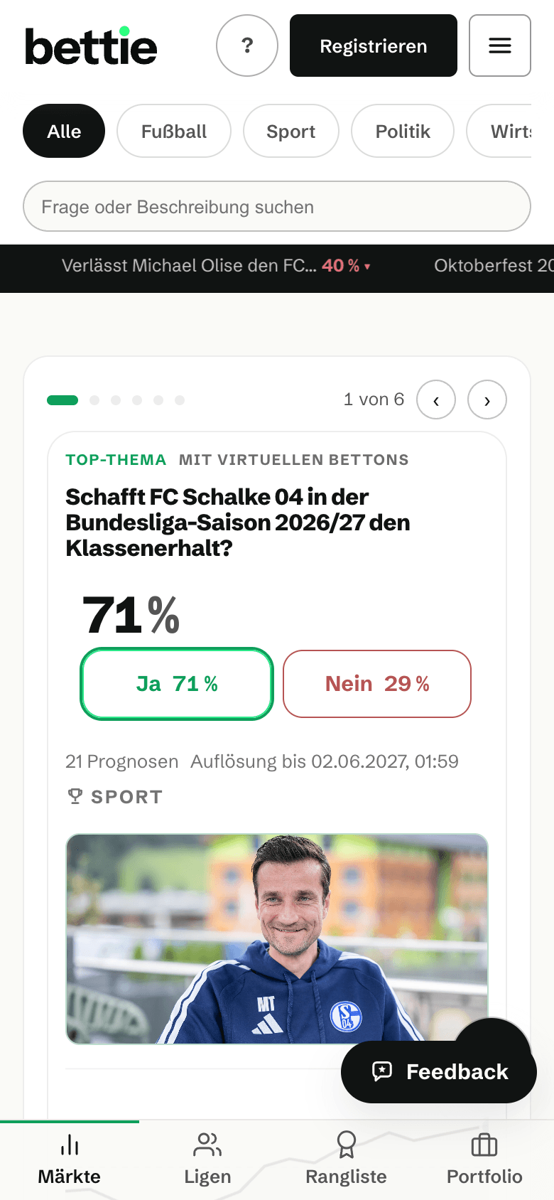 Bettie-Startseite mit dem Top-Thema des Tages